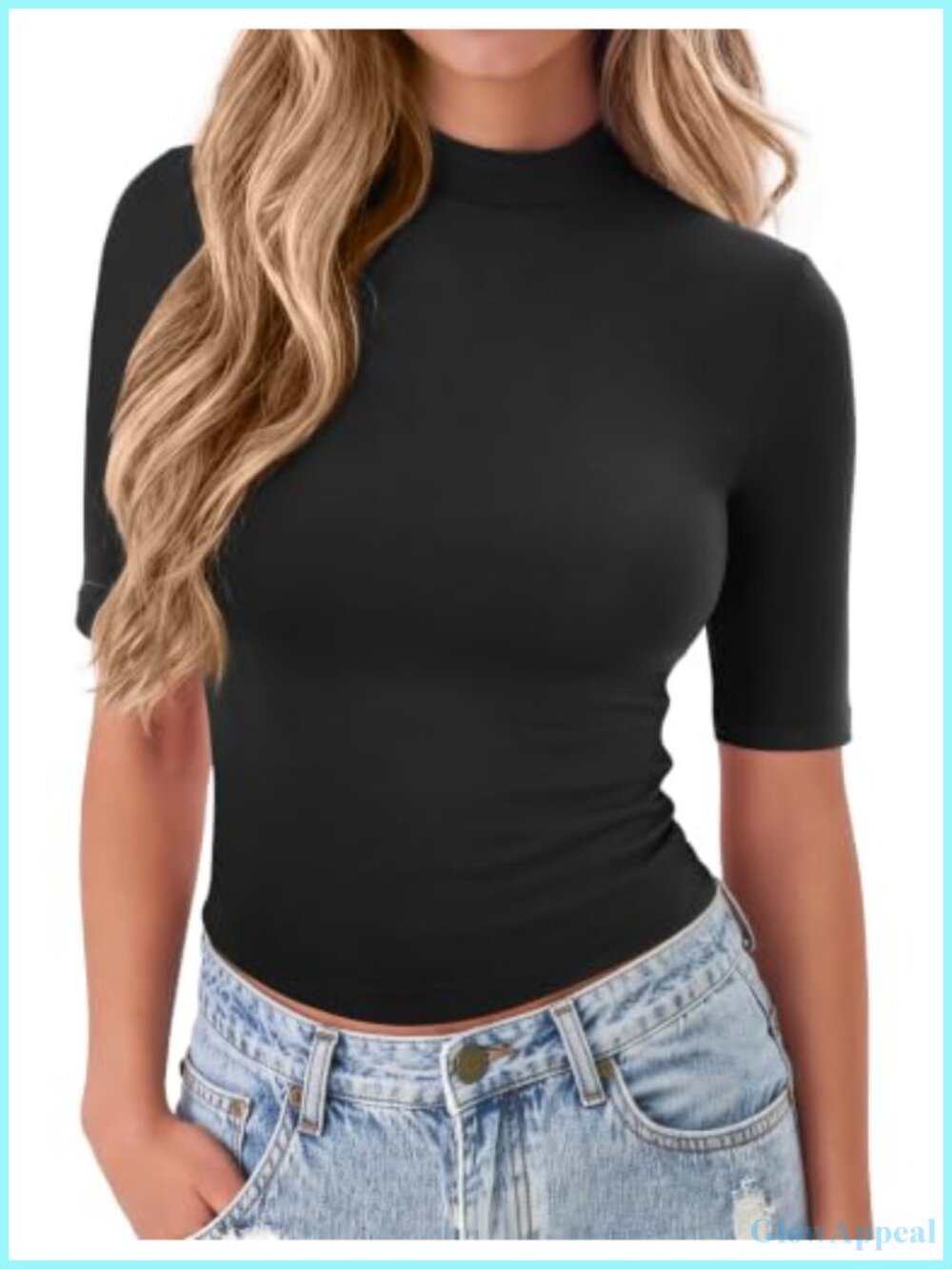 Mock Neck Short Sleeve Slim Fit Basic Tee Polyester Spandex Casual Top